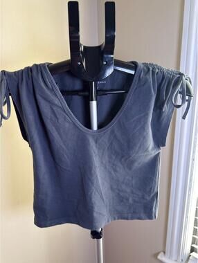American Eagle Ruched Sleeve Crop Top Blue Gray Short Sleeve Women’s Small NWOT